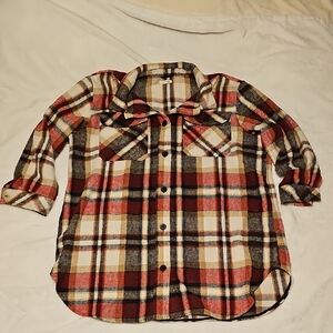 Maurices Plaid Button-Down Long Shacket - Red, Brown, and White